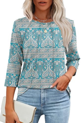MIHOLL Womens Tops Basic 3/4 Length Sleeve Round Neck Casual Tunic Tops Loose Fit 2025 Pleated Shirts