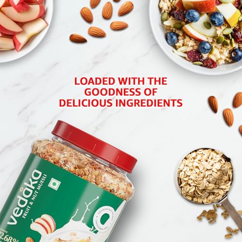 Image of Amazon Brand - Vedaka Fruit and Nut Muesli 1 kg Jar | Contains 82.68% Fruits, Nuts & Multigrains | High in Fiber | Source of Protein | Breakfast Cereal