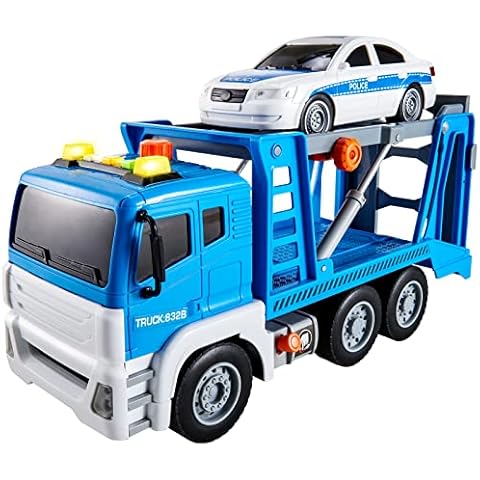 HYAKIDS Rescue Truck Toy with Police Car, 1:12 Large Friction Powered Construction Carrier Car with Lights and Sounds, Wrecker Truck Toy Gifts for Kids Boys Girls 3 4 5 Years Old Cover