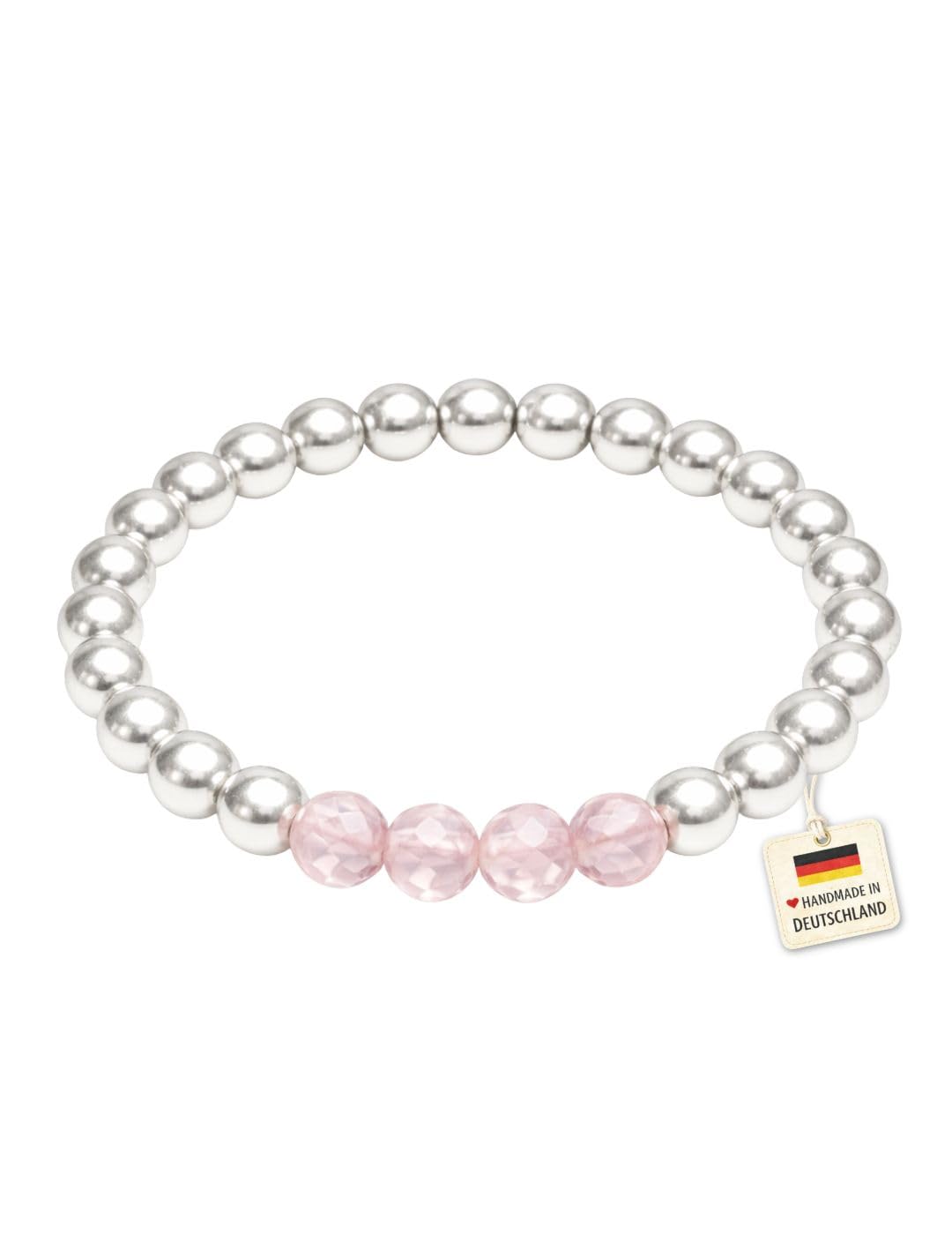 happymaker - Echter Naturstein Ring mit 925 Silber Perlen, Rosenquarz faciert Perlen auf elastischem Band, Rosenquarz Ring Frauen, Silber Schmuck handmade