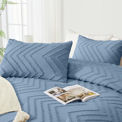 Image of Andency Greyish Blue Comforter Set Full Size, Boho Soft Warm Tufted Bedding Comforter Sets for Full Size Bed, 3 Pieces Aesthetic Chevron Farmhouse Cute Bohemian Textured Bed Set