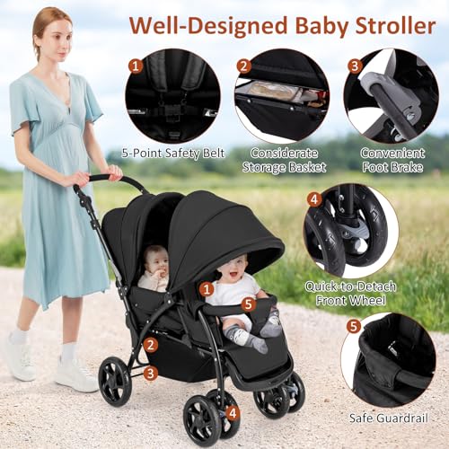 GLACER Foldable Twin Stroller, Double Baby Stroller w/Multi-Level Backrest, Canopy, Handle & Footrest, Safety Belt & Brake System, Travel Tandem Seating Stroller w/Lockable Wheels (Black)