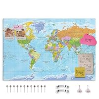decomonkey Canvas World Map Pin Board with 50 pins - 47.2\" x 31.5\" / 120x80 cm Fibreboard Planisphere Push pin Travel Blue map Wall Art - English Lettering - Traveler's Bedroom Office Living Room