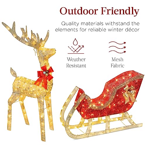 Best Choice Products Lighted Christmas 4ft Reindeer & Sleigh Outdoor Yard Decoration Set w/ 205 LED Lights, Stakes, Zip Ties - Gold