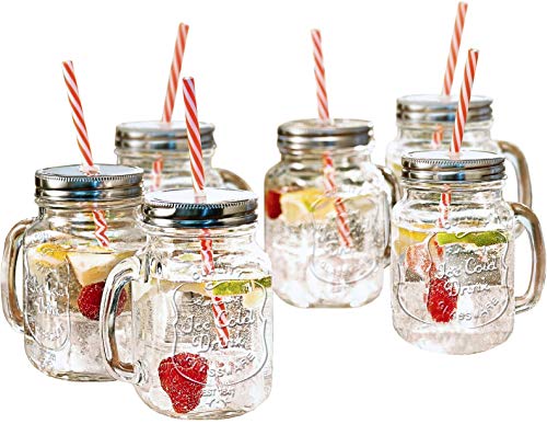 Estilo Glass Mason Jars with Handles, Lid and Straw 16 oz | Drinking Glasses Cups Mug Set for Iced Coffee, Tea & Smoothie - Set of 6