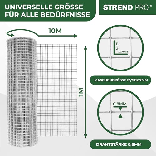 STREND PRO Maschendrahtzaun | Geschweißt - Verzinkt | 1m x 10m | 0,8 mm, 12,7x12,7mm | Kaninchendraht, Hasendraht, Volierendraht für Garten & Tierhaltung | Hasengitter, Hühnerzaun