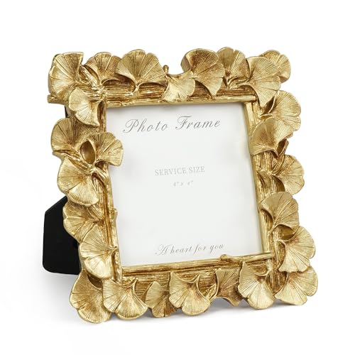 4x4 Picture Frame Small Gold Frames, Vintage Ornate Leaf Textured Hand-Crafted Resin with Glass Front, Antique Photo Frame for Tabletop Display, Retro Design Home Decor
