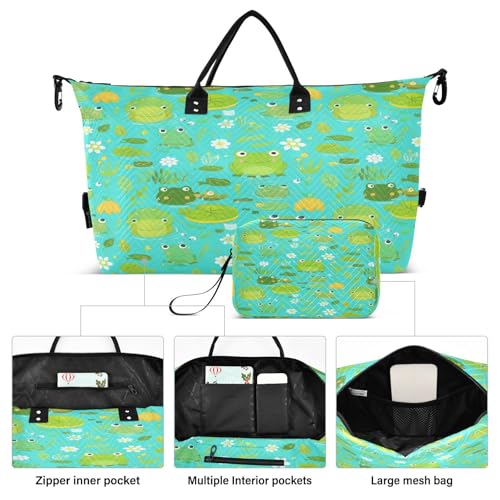 Large Foldable Travel Duffel Bag, Waterproof Gym Bag for Men & Women, Carry-On Luggage Weekender Overnight Bag, Cute Cartoon Frogs2