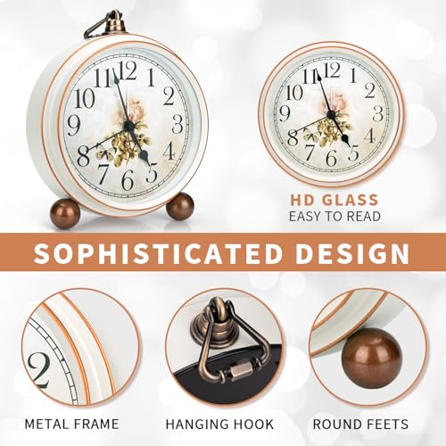 Retro Desk Clock, Classic Alarm Clock for Living Room Table Bedroom Vintage Silent Non-Ticking 5 Inches Clock Battery Operated for Heavy Sleepers, HD Glass Lens, Easy to Read (Rose) - Image 3