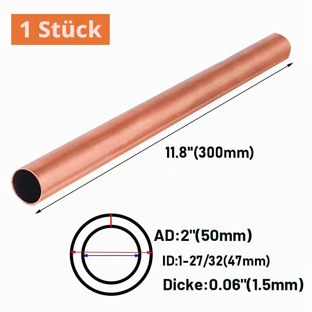50 mm Außendurchmesser, 99,9% Kupferrohr, 1 mm Wand × 300 mm Länge × 1 Stück, reines Kupferrohr, 110 Kupfer, nahtlos, rund, für Kühlschrank, Schmuck und Industrie
