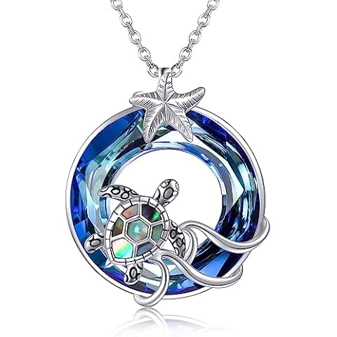 MONGAS Turtle Necklace for Women Sterling Silver Sea Turtle Pendant Necklace Abalone Shell Crystal Ocean Jewelry for Women Cover
