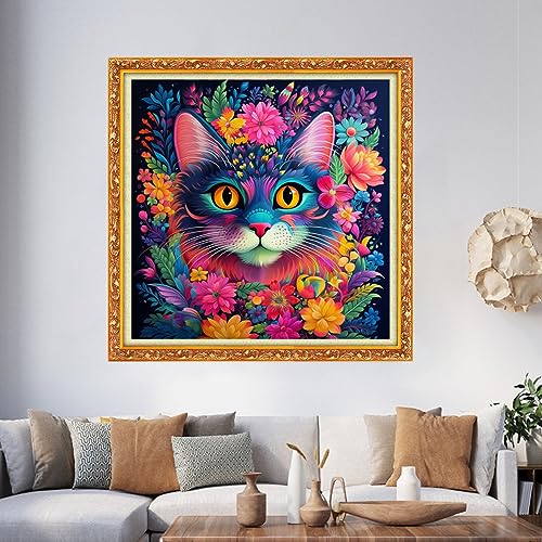 Image of Foxhool Beginners Cross Stitch Kits Stamped Full Range of Embroidery Kits for Adults DIY Cross Stitches kit Embroidery Patterns for Needlepoint kit-Colorful Flower Cat 17.7x17.7 inch