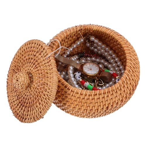 Happyyami Small Round Rattan Basket with Lid Handmade Woven Storage Basket for Kitchen Bathroom and Home Decor Multi Purpose Organizer for Snacks Sundries and More