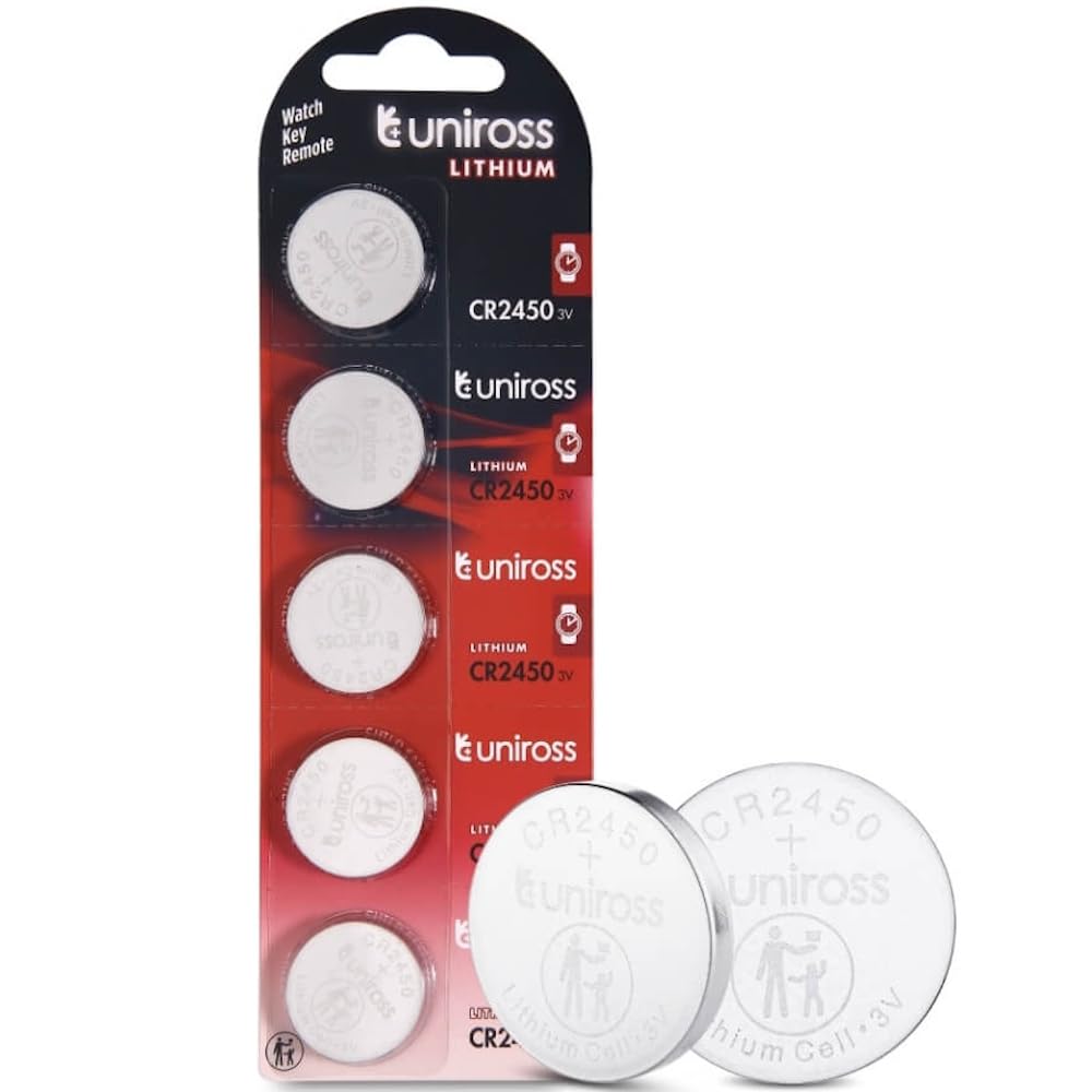 Uniross CR2450 Lithium Coin Cell Battery 3.0V Pack of 5 Batteries - Equivalent to BR2450, DL2450, ECR2450