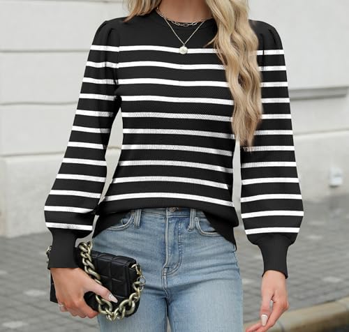 Image of Zeagoo Womens Sweaters Fall 2026 Dressy Casual Long Sleeve Shirts Ribbed Knit Winter Outfits Puff Pullover Jumper Tops