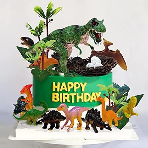 GLAHORSE 26 PCS Dinosaur Cake Toppers With Dinosaur Eggs Leaves Trees Cake Decorations For Birthday,Dinosaur Themed,Jungle Safari, Wild Animals,Kids Party Decorations Cover
