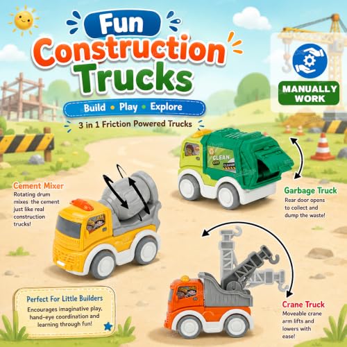 Image of Zest 4 Toyz Unbreakable Automobile Car for Kids Friction Powered Cars Construction Truck Pull Back Car Toy Crane Cement Mixer Dumper Toys for Boys & Girls (Pack of 3)