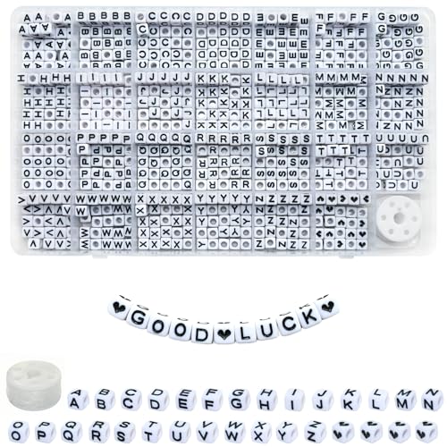 Image of Amaney 810pcs Square Letter Beads 6x6mm Acrylic Alphabet Letter Beads White with Black Letters for Jewelry Making Bracelets Necklaces Key Chains