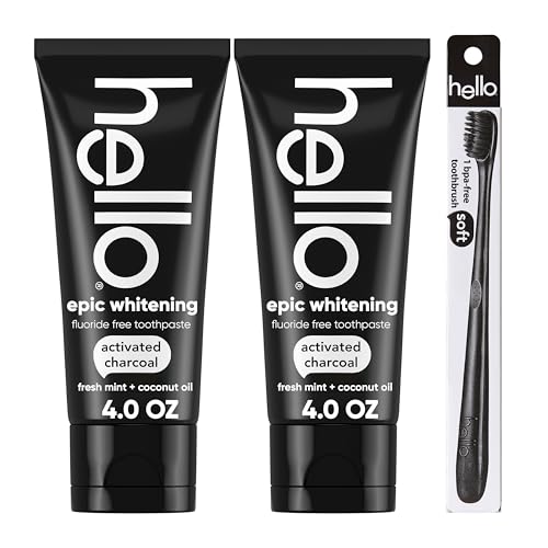 Hello Activated Charcoal Epic Teeth Whitening Fluoride Free Toothpaste and Toothbrush, Fresh Mint and Coconut Oil, Vegan, SLS Free, Gluten Free and Peroxide Free, 4 Ounce (Pack of 2)