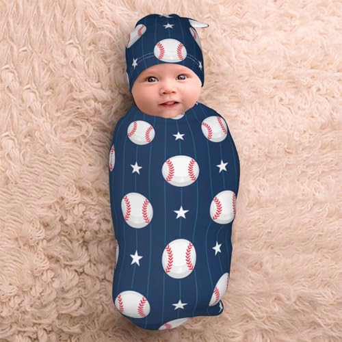 Image of Lcokin Cute Baseball Print Baby Stuff Swaddle Blanket Hat Set for Boys Girls Shower Gift