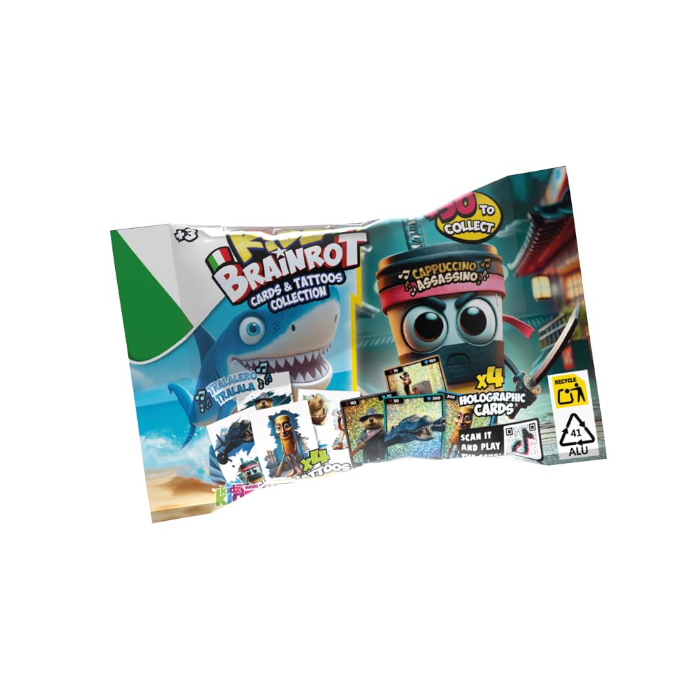 BRAINROT 5 Tarjetas holográficas con 4 tatuajes para niños, originales, producto con licencia Brainrot