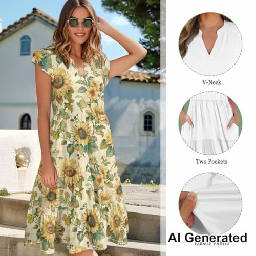 Image of Women's Casual Ruffle Sleeve Dress V Neck Pullover Dress Flowy A-Line Pleated Lightweight Dress with Pockets