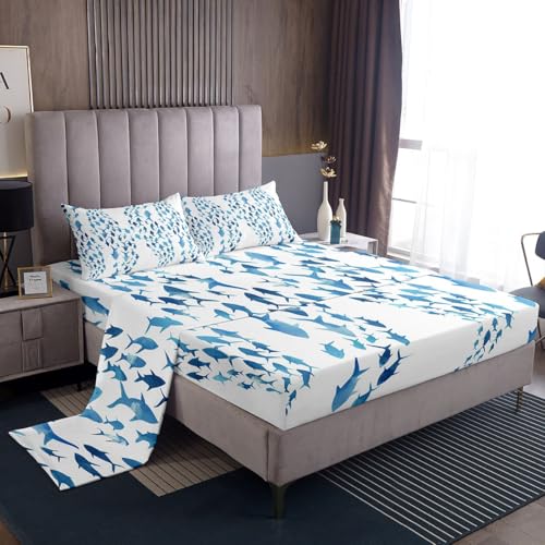 Image of jejeloiu Blue Fish Bed Sheets Set King Size Abstract Stripe Bed Set Summer Ocean Deep Pocket Fitted Sheet Sea Animal Breathable Soft Lightweight Microfiber