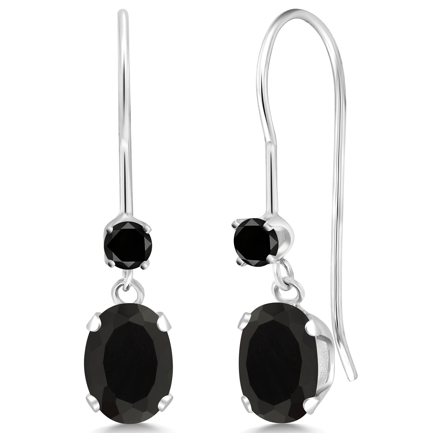 Gem Stone King 0.91 Ct Oval Black Onyx Black Diamond 14K White Gold Dangle Earrings
