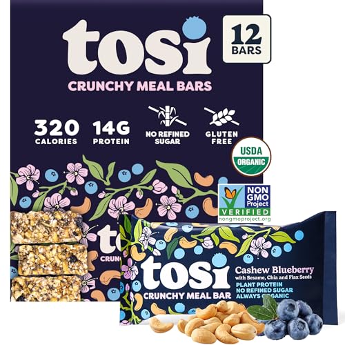 Tosi Meal Nut Bars, Cashew Blueberry, Healthy Snacks for Adults & Kids, Crunchy Plant Based Protein Bar (14G), Keto Snacks, Vegan, Gluten & Soy Free, Low Sugar, Omega 3s, 2.4oz, 12-Pack