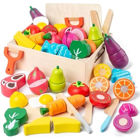 32 Pcs Wooden Play Food Sets for Kids Kitchen Accessories, Montessori Educational Toys Food, Pretend Play Food for Toddlers, Velcro Fruits and Vegetables Cutting Set for Kids Boys Girls Cover