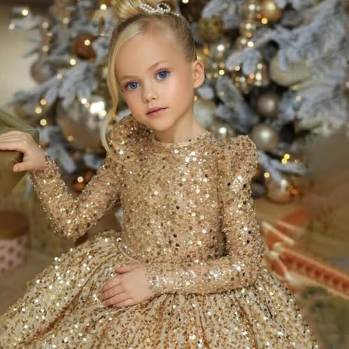Sparkly Sequin Flower Girl Dress Long Sleeves Pageant Dress Short First Communion Dress with Bow Knot CT023