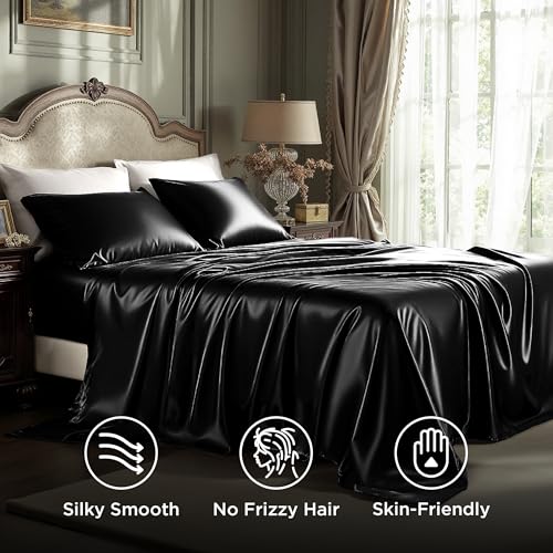 Image of Bedsure Black Satin Sheets King Size, Soft Silky Bedsheets for Hair & Skin | Similar to Silk Bed Sheets Set 4 Piece with 15 Inches Deep Pocket Fitted Sheet,1 Flat Sheet, 2 Satin Pillowcases