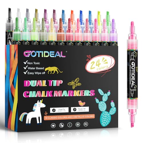 Image of GOTIDEAL Chalk Markers Dual Tips,Erasable Liquid Chalk Marker for Blackboard,Washable Chalk Pens for Auto,Car,Glass,Mirror,Chalkboard,Window markers,24 Colors Chalk Board Markers with Metallic Colors