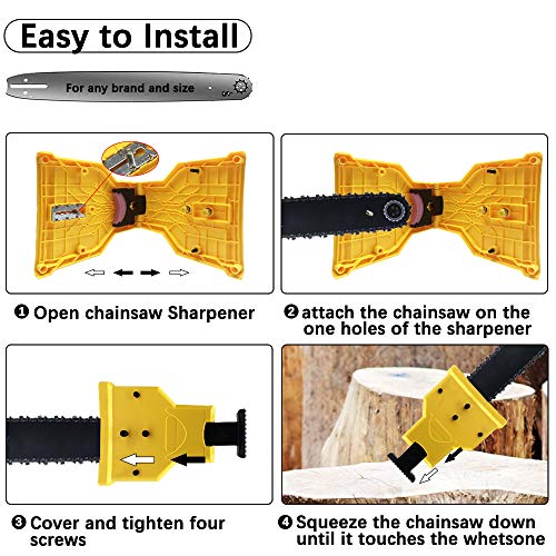 XBUTY Chainsaw Sharpener, The Second Generation New Portable Chain Saw Blade Teeth Sharpener with 4 Pcs Fast-Sharpening Stone Grinder Tools for 14/16/18/20 Inch One/Two/Nonporous Holes (Yellow)