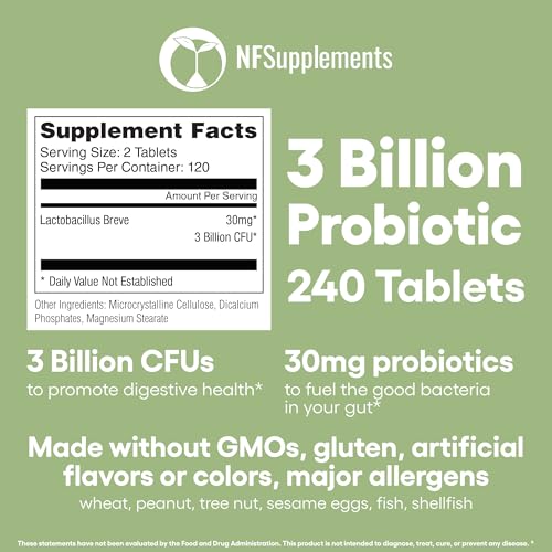 Image of Lactobacillus Breve Probiotic 240 Tablets (4 Month Supply) - Researched Strain - 3 Billion CFU - Digestive Health & Gut Comfort - GMP Certified (240, Lactobacillus Breve)