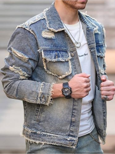 Huang's Men's Denim Jacket with Distressed Ripped Details Classic Fit Non - Stretch Fabric Cool Stylish Caual Coat2