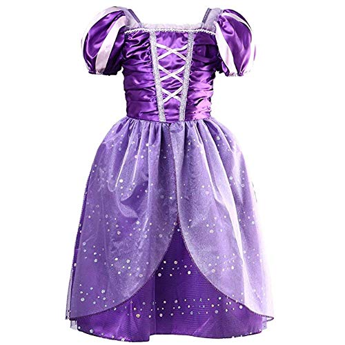 BriskyM Niñas Princesa Rapunzel Vestido Disfraz Fiesta de cumpleaños Vestido de Noche Princesa de Dibujos Animados Vestido Vestido de Novia (Púrpura, 5-6 Años) Cover