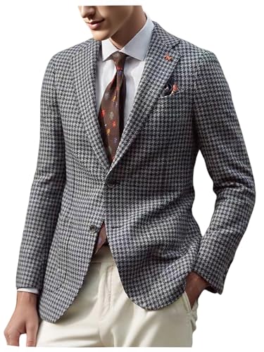 VENNYNG Autumn Houndstooth Blazer for Men Plaid Sport Dress Coat Slim Fit Business Casual Jacket with Notched Lapel