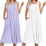 Ekouaer 2 Pack Nightgowns for Women Sleeveless Long Night Gowns Victorian Nightdress with Pockets Soft Ladies Gown