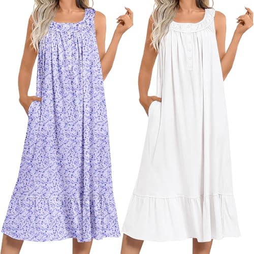 Image of Ekouaer 2 Pack Nightgowns for Women Sleeveless Long Night Gowns Victorian Nightdress with Pockets Soft Ladies Gown