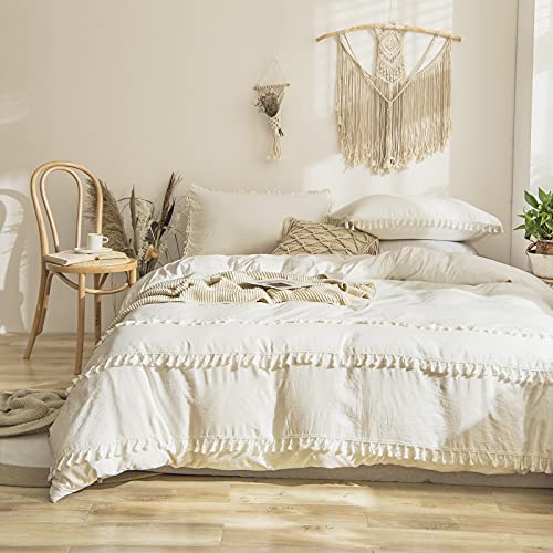 Bedbay White Tassel Bedding Set Queen Tassel Duvet Cover Set Boho Chic Solid White Tassel Fringed Tufted Tassel Bedding 3 Pcs 1 Duvet Cover 2 Pillowcases (White, Queen)