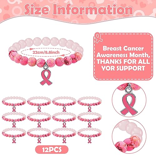 Karenhi 12 Pcs Breast Cancer Awareness Beaded Bracelets Pink Ribbon Charm Bracelets Breast Cancer Survivor Gifts for Women3