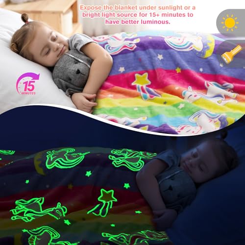 Image of Unicorn Gifts Toys for Girls Kids - Glow in The Dark Rainbow Blanket Best Christmas Birthday Valentines Easter Decor Present for Age 1-14 Years Old Teens Child Toddler Daughter Soft Cozy Throw 50 inchx60 inch