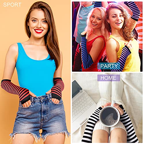 Satinior SATINIOR-G-STRETCHY GLOVES-0DD 6 Pairs Long Fingerless Gloves For Women Knit Thigh High Striped Arm Warmer Thumb Hole Stretchy Gloves thumb #5