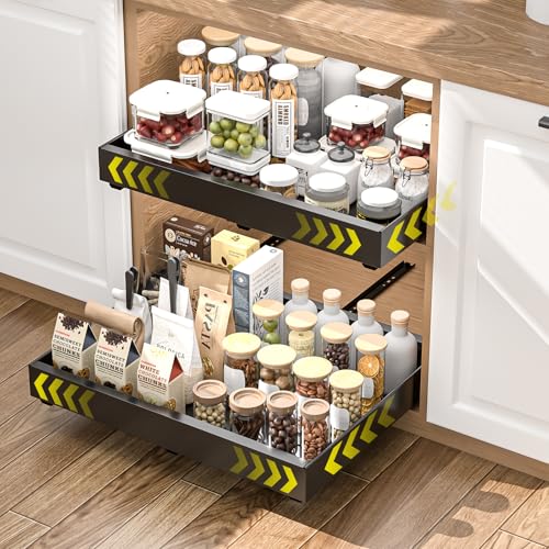 Diealles Shine Tiroir Coulissant Cuisine, Lot de 2 Largeur Réglable de 31-52CM Tiroir Coulissant Placard, Panier Coulissant pour Placard Rangement pas de...