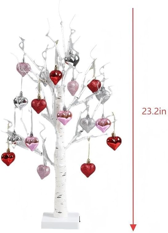 Miniatura 2 de Árbol de abedul blanco iluminado de 24 pulgadas  Decoración de mesa para el día de San Valentín con corazones colgantes, temporizador y doble