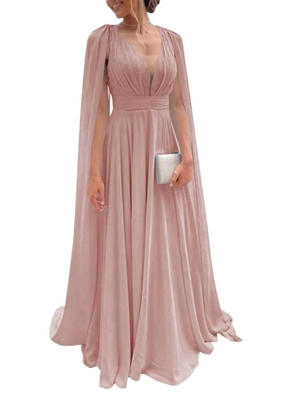 Chiffon Bridesmaid Dress for Women Cape Sleeve V-Neck Formal Evening Gowns with Pocket LBC020