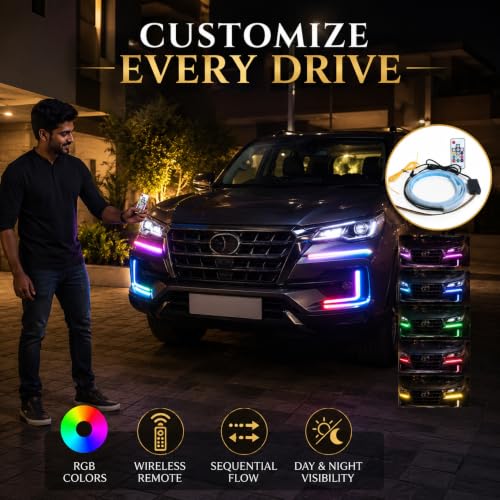 Image of RGB 12V Universal Ultra Bright Daytime Running LED Lights Waterproof Strip DRL Lamp for Cars & Bikes with Remote Sequential Flow RGB (Multicolor) Turn Signal Light Lamp DRL