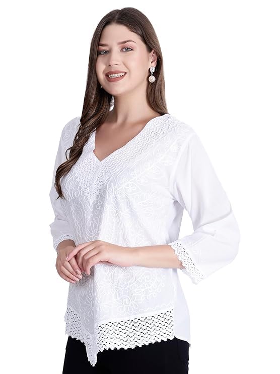 Image of Ukal Hand Embroidered Cotton Tunic, Full Sleeves, Chikan Relaxed Fit Kurti, Boho Short Ethnic Dress for Women