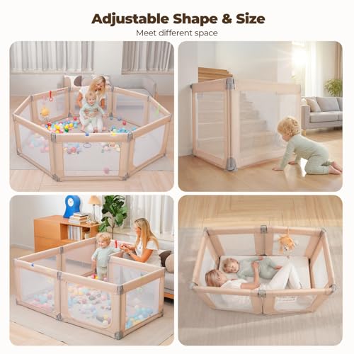 Image of Kidirect Foldable Baby Playpen, 71 inchx69 inch Extra Large Playpen for Babies and Toddlers, Portable Play Yard with 5 Handles, Indoor Outdoor Safety Baby Fence with Visible Mesh,Khaki